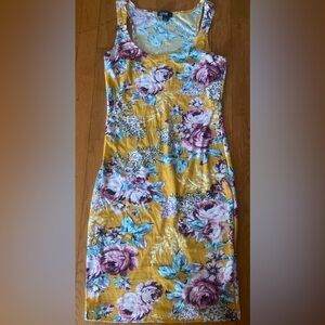Love, Floral print, Yellow Dress, Stretchy, Summer, Casual, Mini Dress, One-size
